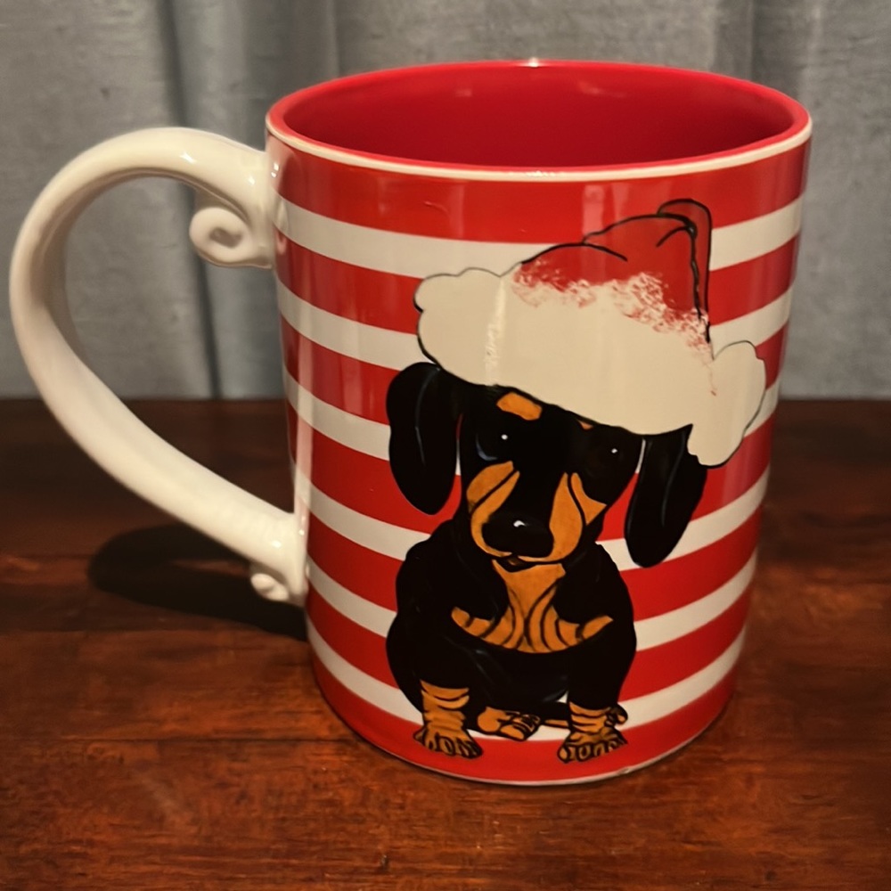 DACHSHUND with Santa hat Spectrum Designz Coffee Mug  Red/White Stripes